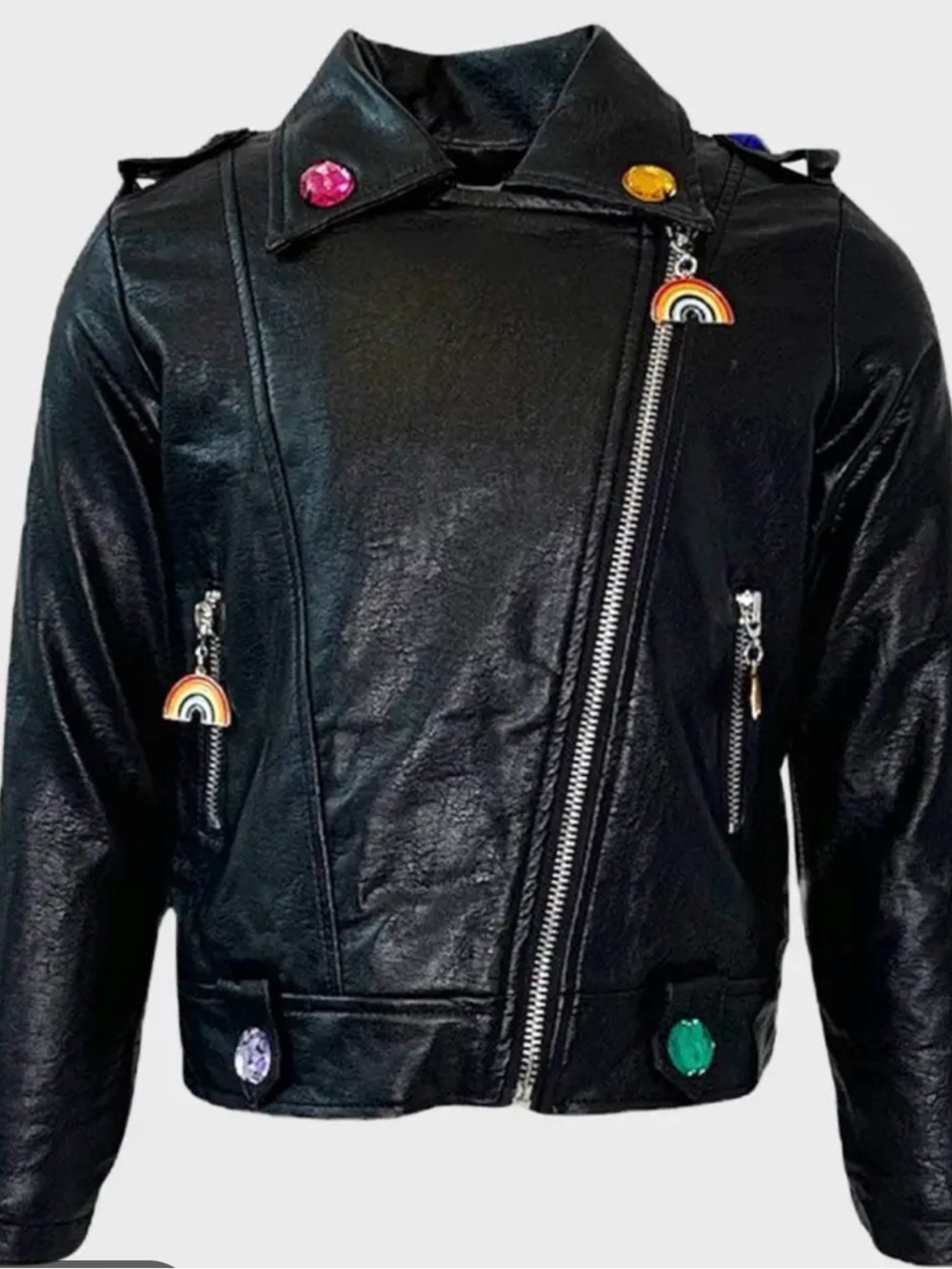 Lola + The Boys Black Faux Leather Moto Jacket with Colorful Gem Accents
